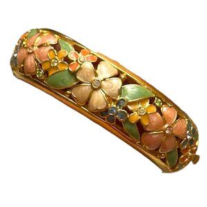 Vintage Joan Rivers Gold Tone Pink/White Floral Enamel Hinged Bangle/Bracelet
